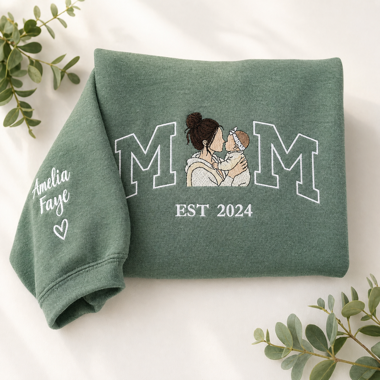 Custom Mom Photo Embroidered Sweatshirt with Sleeve Names