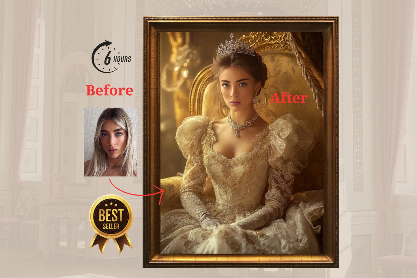 Custom Royal Portrait from Photo, Renaissance Queen Art Personalized Queen from photo gift for women royal portraits gift for her royalty me