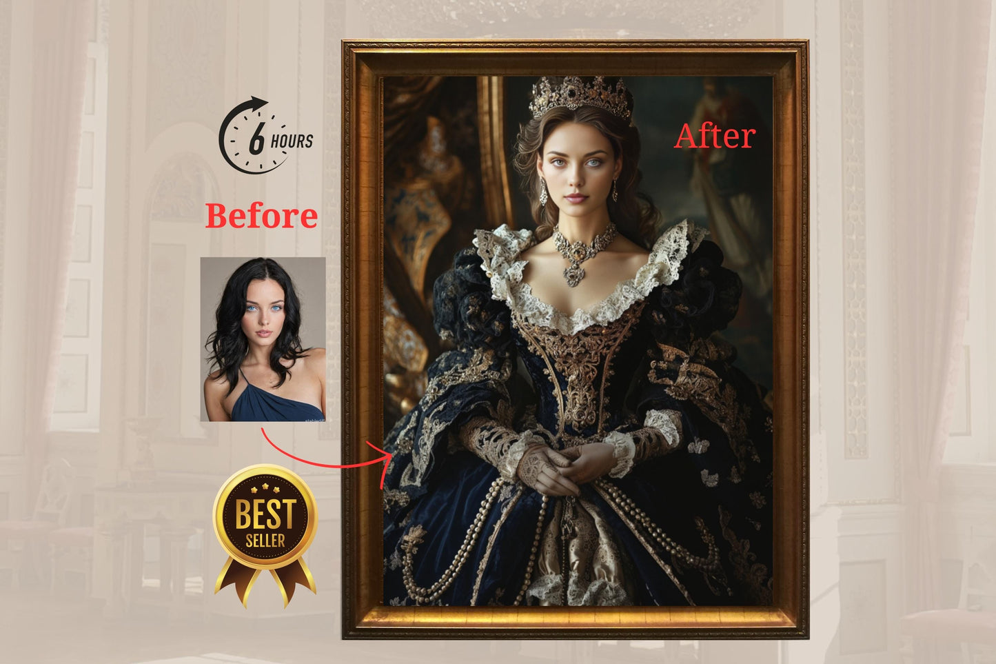 Custom Royal Queen Portrait Renaissance Victorian Portrait From Photo Royal Portrait from me as a queen Personalized Gift Custom Portraits