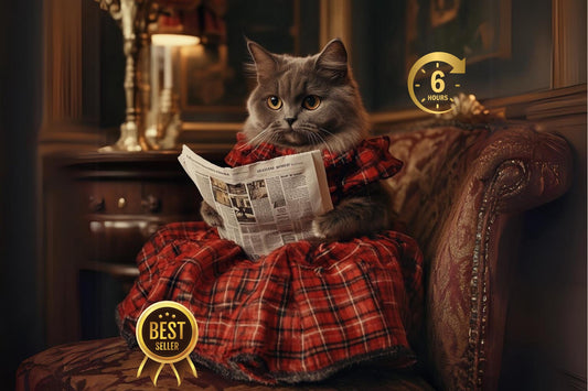 Custom Cat Portrait Pet Reading Newspaper Portrait for Living Room Wall Art Decor Gift for Pet Owner Bedroom Portrait Gifts for Cats Lover