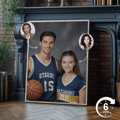 Custom 90s Style Couple Portrait, Retro Valentine's Gift for Couple Gift for Valentine High school Portrait Basketball Portrait for Couples