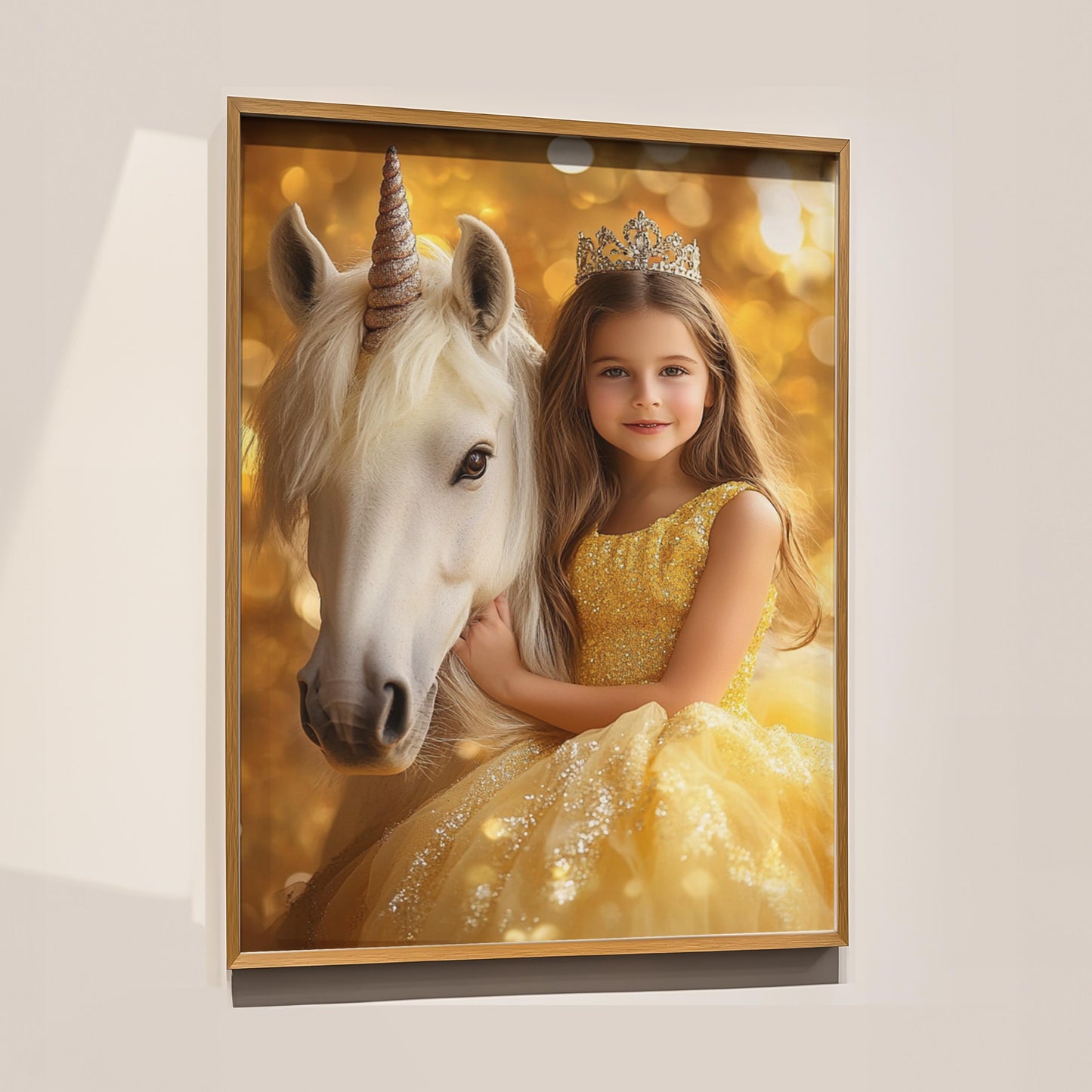 Custom Princess and Unicorn Portrait Personalized Girl's Wall Art photo realistic unicorn wall art young girl and unicorn princess and pony