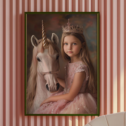 Custom Princess and Unicorn Portrait Personalized Girl's Wall Art photo realistic unicorn wall art young girl and unicorn princess and pony