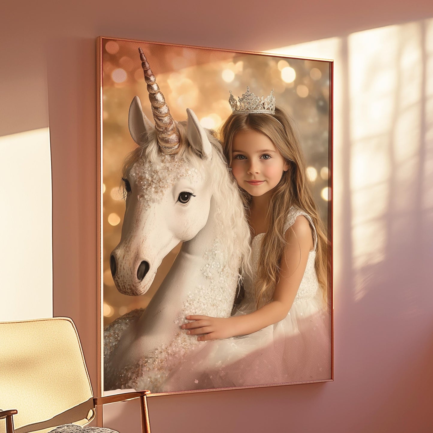 Custom Princess and Unicorn Portrait Personalized Girl's Wall Art photo realistic unicorn wall art young girl and unicorn princess and pony