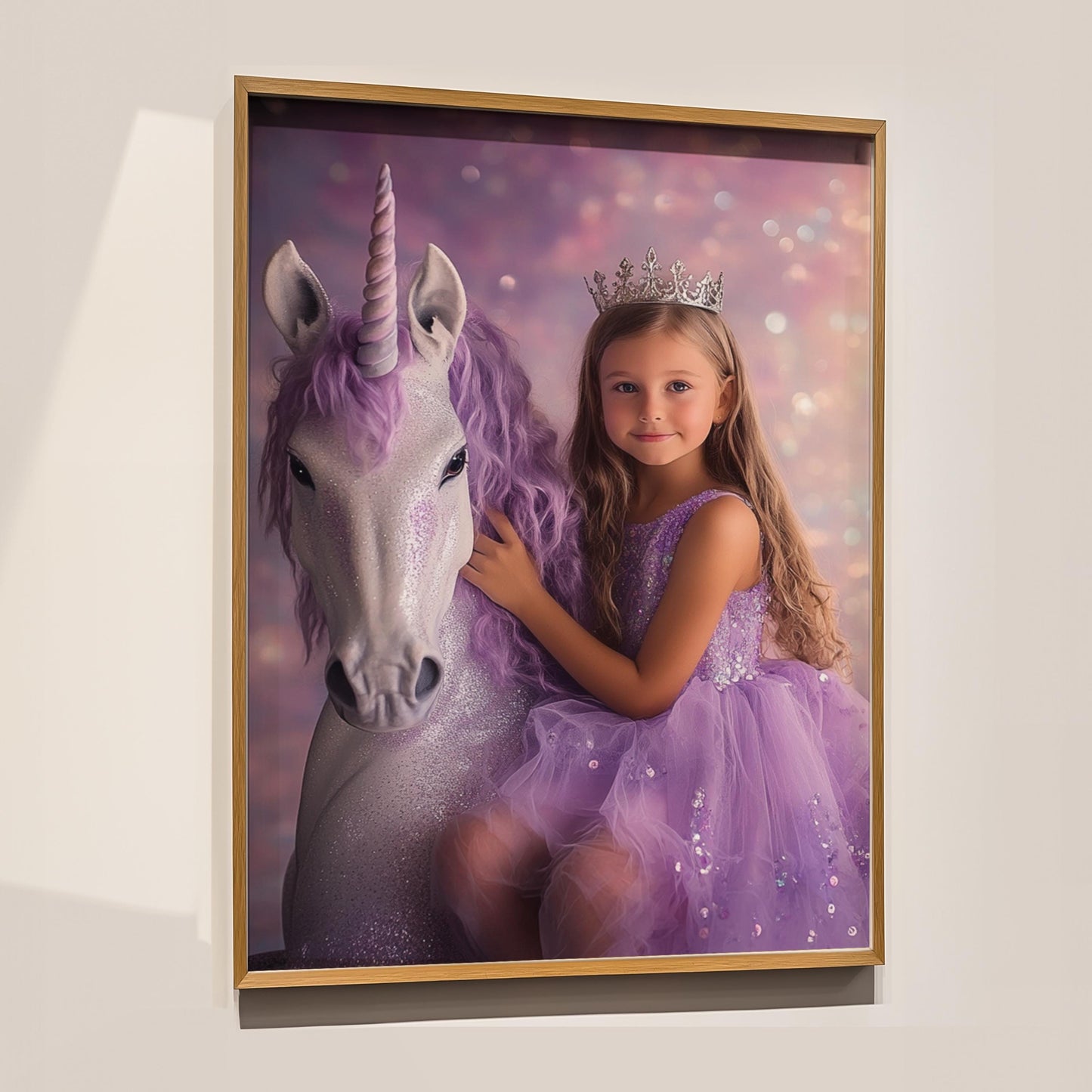 Custom Princess and Unicorn Portrait Personalized Girl's Wall Art photo realistic unicorn wall art young girl and unicorn princess and pony